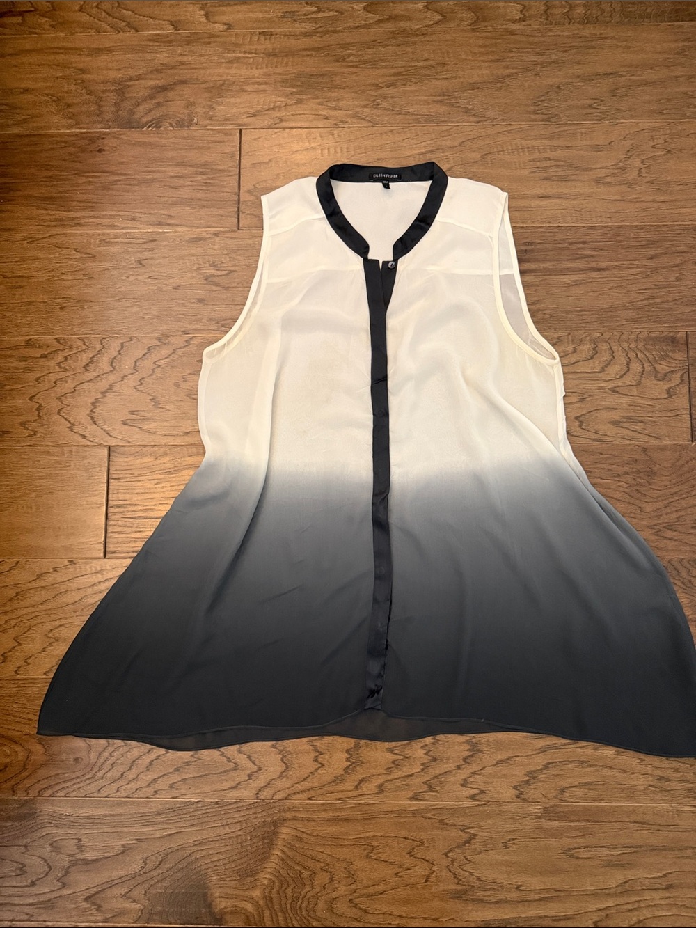 Eileen Fisher 100% Silk Chiffon Ivory Grey Blk Ombre Sleeveless Tunic Blouse L